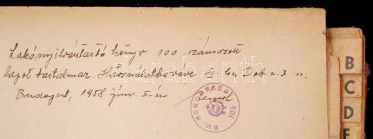 1958 Lakónyilvántartó könyv a Bp. VIII. Dob u. 3. sz. lakóinak névjegyzékével, laza, kissé kopott fé...
