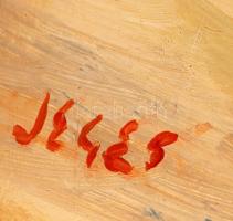 Jeges jelzéssel: Bohóc a pódium mögött. Olaj, falemez, 48×62 cm