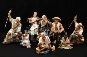 Kínai kerámia figurák, zenészek, horgászok jelzett, kézzel festett, 8db, különböző méretben, hibátlan, m: 12-22cm között/ Chinese ceramic figurines, musicians, fishermen signed, hand-painted, with 8 different sizes, between 12-22cm