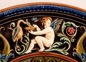 Schütz Blansko puttós fali tál, kézzel festett mázas fajansz, jelzett, kopott, d:36 cm / Schutz Blan...