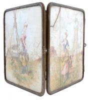 Régi kihajtható három paneles tükör, kettő hátulján életképes jelenettel, az egyik üvege sérült, kop...