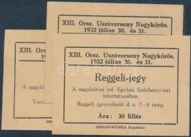 1932 XIII. Orsz, Úszóverseny Nagykőrős. Reggeli jegy 3 db.