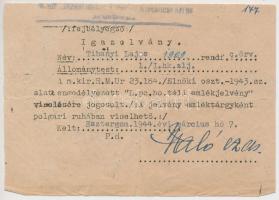1944 Páncélos hadosztály emlékjelvény viselésére jogosító igazolvány.