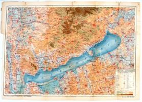 cca 1910 A Balaton és környékének lithografált turistatérképe, jelmagyarázattal, 1:150000, Heisler és Kózol Könyvkiadóvállalat, szakadásokkal, 51x70 cm