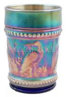 Irizáló üveg pohár sárkányos ezüsttartóban, jelzett, kínai jelzéssel, 272gr, 12x7cm / Iridescent gla...