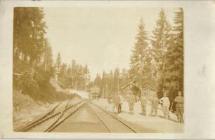 Unknown location, WWI Austro-Hungarian military railway station, train, soldiers, photo