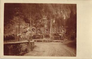 Unknown location in the mountains, WWI Austro-Hungarian military railway station, locomotive, soldiers, photo