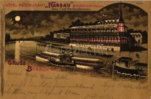 Biebrich, Hotel Restaurant Nassau, steamship, litho