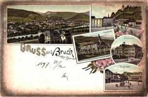 1897 Bruck an der Mur, Schlossberg, Pius Institut, Schulhaus, Hauptplatz / castle hill, school, main square, floral, litho (EK)