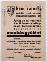 cca 1930-1940 EMSzO (Egyházközségi Munkásszakosztályok) munkásgyűlésre felhívó kisméretű szórólapja, rajta jelvényekkel