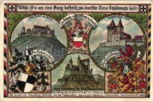 Coat of arms of the German noble families Hohenzollern and Habsburg with pictures of their respective castles, Rotes Kreuz Kiregfürsorgeamt Kireghilfsbürö No. 570, s: KAK (EK)