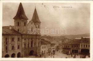 Zsolna, Zilina; Templom, Jan Durcek üzlete, Központi Szálloda / church, square, shop, hotel