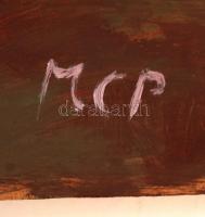 MCP jelzéssel: Épületek az út mellett. Olaj, farost, 89×99 cm