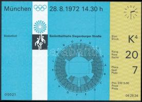 1972 München Olimpiai belépő kosárlabda mérkőzésre, szép állapotban, 10,5x15cm/ 1972 Munich Olympic basketball match ticket, in good condition, 10,5x15cm