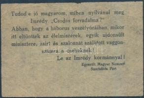 cca 1938-1939 "Le az Imrédy-kormánnyal!" jelszavú, az Egyesült Magyar Nemzeti Szocialista Párt szórólapja