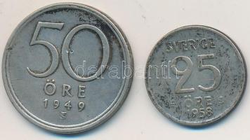 Svédország 1949TS 50ö Ag + 1958TS 25ö Ag T:2,2- Sweden 1949TS 50 Öre Ag + 1958TS 25 Öre Ag C:XF,VF