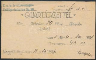 1916 Quartierzettel Szállásutalvány, K.u.K. Ersatzkompagnie, Nagytétény, 10x17cm