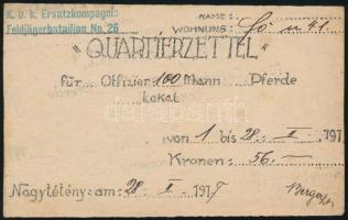 1917 Quartierzettel Szállásutalvány, K.u.K. Ersatzkompagnie, Nagytétény, 10x17cm