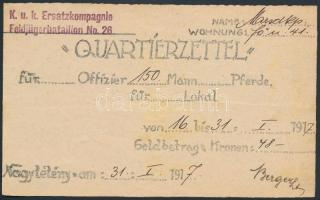 1917 "Quartierzettel" Szállásutalvány, K.u.K. Ersatzkompagnie, Nagytétény, 10x17cm