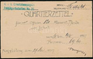 1917 "Quartierzettel" Szállásutalvány, K.u.K. Ersatzkompagnie, Nagytétény, 10x17cm