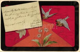 Bird, floral, greeting card, golden and silver decoration litho (wet corner)