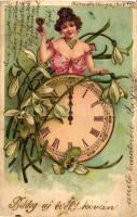 Boldog új évet! / New Year, lady with clock, floral, golden decorated, litho, Emb. (EK)