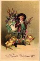 Húsvéti Üdvözlet / Easter, boy with chiken, litho, Emb.