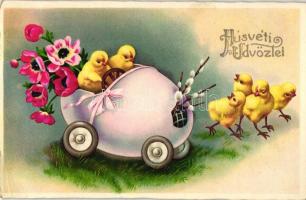 Húsvéti Üdvözlet / Easter, chicken in egg car, litho, Amag No. 3104 (EB)