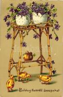 'Húsvéti Üdvözlet' / Easter, chicken, egg flowerpots, golden decorated, litho, SB No. 2311 (EK)