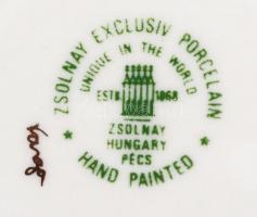 Zsolnay virágmintás porcelán mokkás csésze és alj, kézzel festett, jelzett, hibátlan