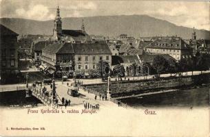 Graz, Franz Karlbrücke u. rechtes Murufer / bridge, riverside, omnibus, Cafe Meran