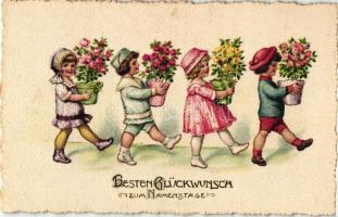 Besten Glückwunsch zum Namenstage / Nameday, children with flowerpots, litho
