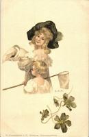 Lady, child with butterfly trap net, floral, litho, M. Kimmelstiel & Co., s: M.S.M. (EK)