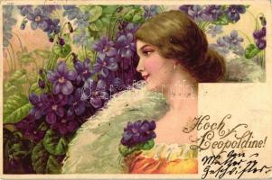 Hoch Leopoldine! / Lady, floral greeting card, litho