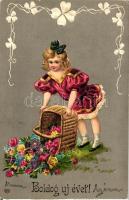 Boldog új évet! / girl with basket of flowers, litho, Emb. (EK)