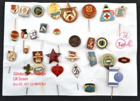30db-os főleg magyar jelvény tétel, benne sok zománcozott darab, "KISZ - Szocialista hazánkért", "Óbuda S.E.", "Építők napja", "Diósgyőr LKM", "SZOT", "Méh törzsgárda", "Felvidékért", "Leninváros", cserkész jelvény T:vegyes