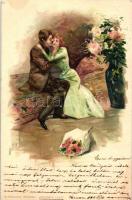 1899 Couple, Glückliche Stunden, Der Erste Kuss! litho