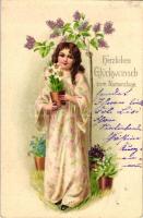 'Herzlichen Glückwunsch zum Namenstage' / Nameday, girl with flowers, litho