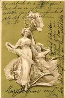 Ladies, flower, Art Nouveau, Emb. litho