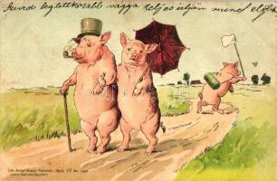 Pipe smoking pig, pig couple, Gebrüder Obpacher Serie VI. No. 15990. litho (EK)