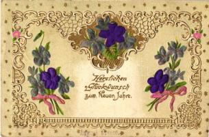 New Year, floral, Art Nouveau, Emb. litho silk card