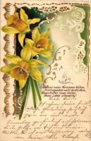 Gelb und weiss Narzissen blühen... / Greeting card, flowers, golden decorated, litho, Emb. (kis szakadás / small tear)