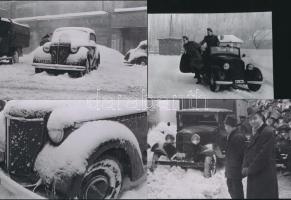 cca 1935 Régi autók a havas Budapesten, 4 db korabeli negatívról készült modern nagyítás, 10x15 cm és 9x13