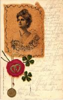 Lady greeting card, clover, horseshoe, Paul Fink 1337. Emb. litho