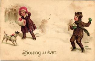 New Year, children snowballing, Amag No. 1631. litho (EK)