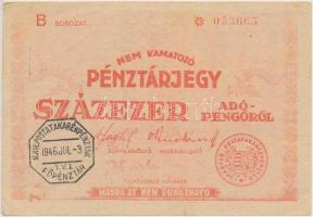 1946. 100.000AP nem kamatozó Pénztárjegy &quot;Másra Át Nem Ruházható&quot;, &quot;Magyar Királyi Postatakarékpénztár&quot; felülbélyegzéssel, hátlapi szöveg hibás &quot;vovatkozó&quot; T:III