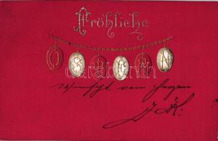 'Fröhliche Ostern' / Easter, eggs on chains, golden decorated, Emb.