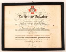 1915 Ferenc Szalvátor főherceg (1866-1939) katonai egészségügyi érdemekért kórházi intézőnő részére Vöröskereszt bronz díszérmet adományozó magyar nyelvű oklevele, a főherceg saját kezű aláírásával, üvegezett fa keretben