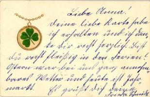 Greeting card, pendant with clover, golden decorated, Emb.