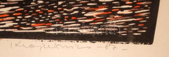 Krajcsovics Éva (1947- ): Farkasalmák, linó, papír, üvegezett fa keretben, 39×29 cm